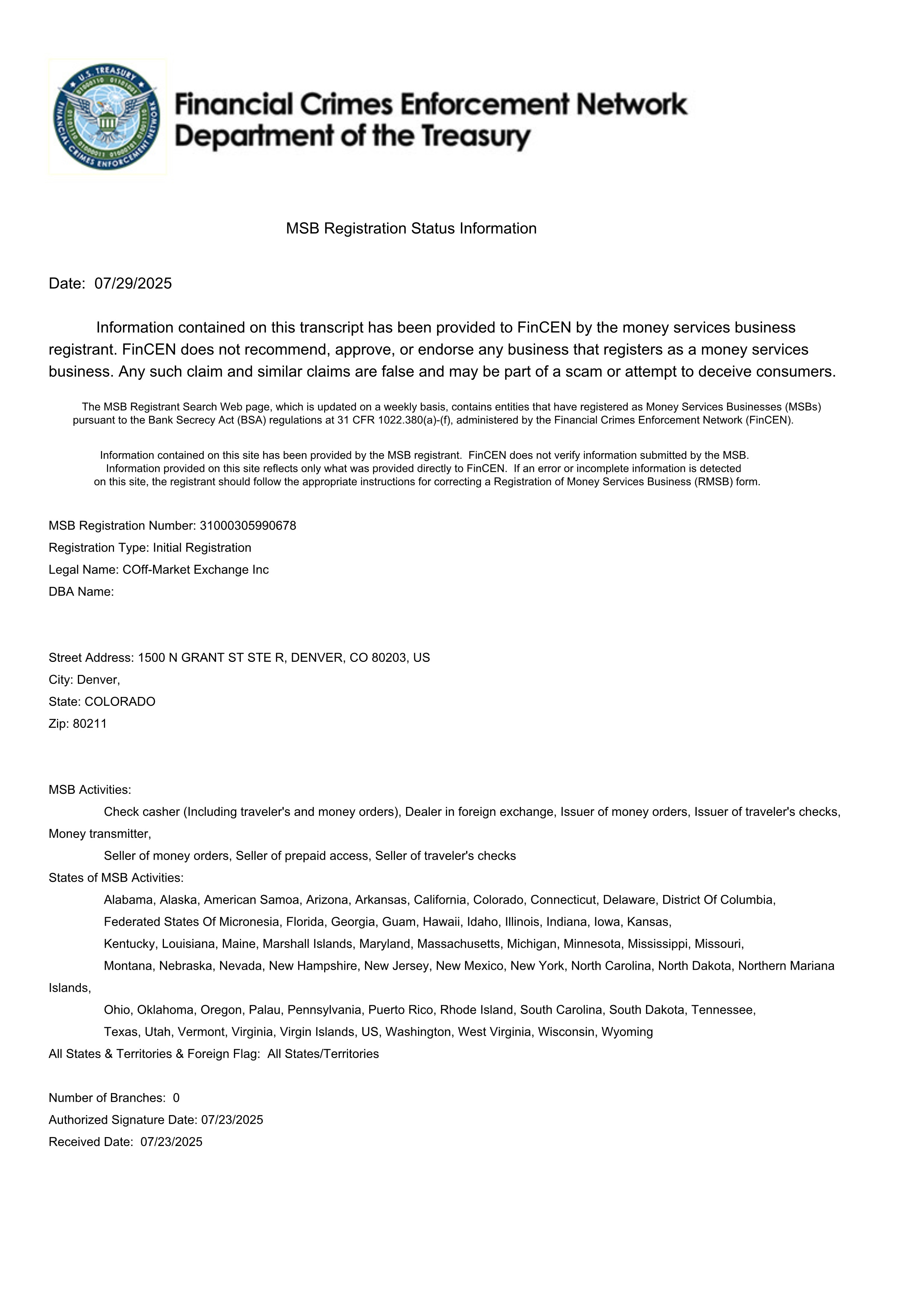 MSB Financial License